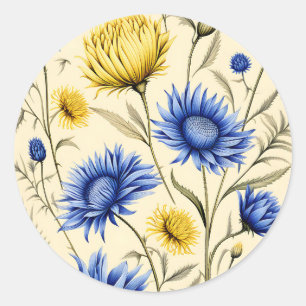 Elegant Blue and Yellow Floral Classic Round Sticker