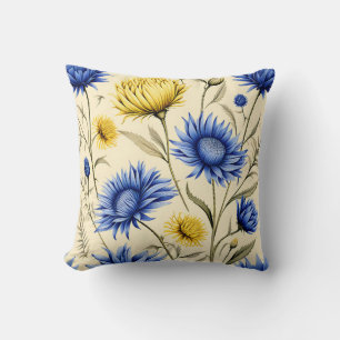 Elegant Blue and Yellow Floral Cushion