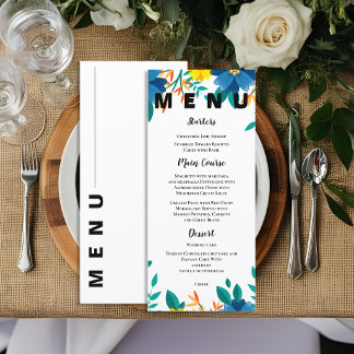 Elegant Blue and Yellow Floral Garden Wedding Menu