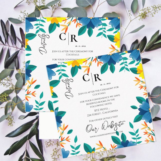 Elegant Blue and Yellow Floral Wedding Details Enclosure Card (Elegant Blue and Yellow Floral Wedding Details Enclosure Card)