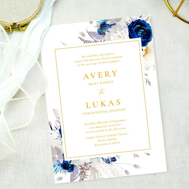 Elegant Blue and Yellow Floral Wedding Invitation (Creator Uploaded)