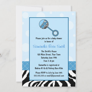 Elegant Blue and Zebra Baby Shower Invitation