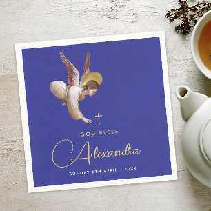Elegant Blue Angel Bless Baptism Gold Calligraphy Napkin