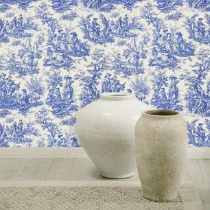 Elegant Blue Antique Toile Botanical Pattern Wallpaper