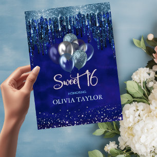 Elegant blue aqua drips glitter balloons sweet 16 invitation