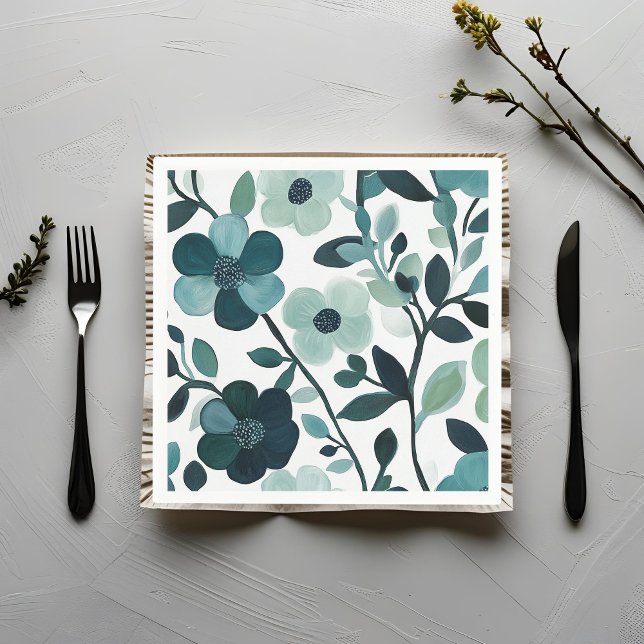 Elegant Blue Aqua Floral Botanical Paper Napkins (Creator Uploaded)