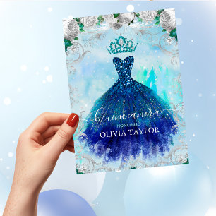 Elegant blue aqua floral glitter gown Quinceanera  Invitation