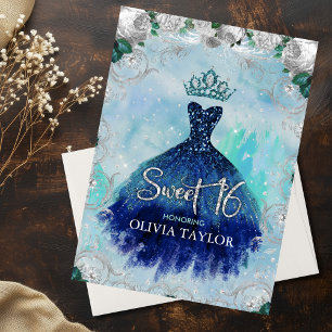 Elegant blue aqua floral glitter gown sweet 16 inv invitation