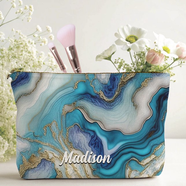 Elegant blue aqua marble art faux glitter accessory pouch (Creator Uploaded)