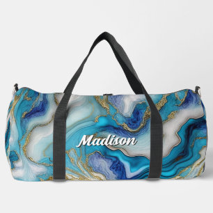 Elegant blue aqua marble art faux glitter  duffle bag