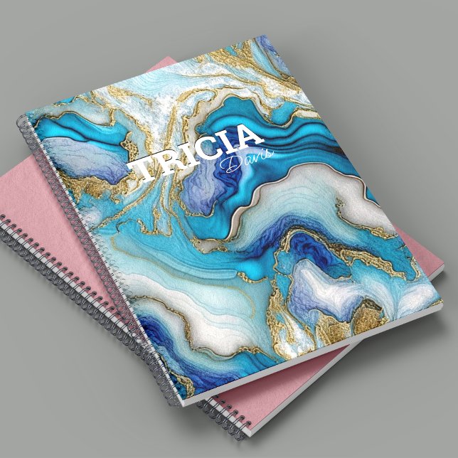 Elegant blue aqua marble art faux glitter monogram notebook (Creator Uploaded)