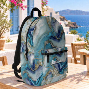 Elegant blue aqua marble art faux glitter printed backpack