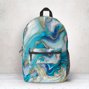 Elegant blue aqua marble art faux glitter printed backpack