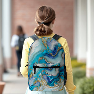Elegant blue aqua marble art faux glitter  printed backpack
