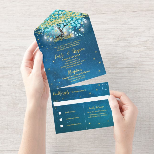 Elegant Blue Aqua Teal Heart Leaf Tree Wedding  Al All In One Invitation (Tearaway)