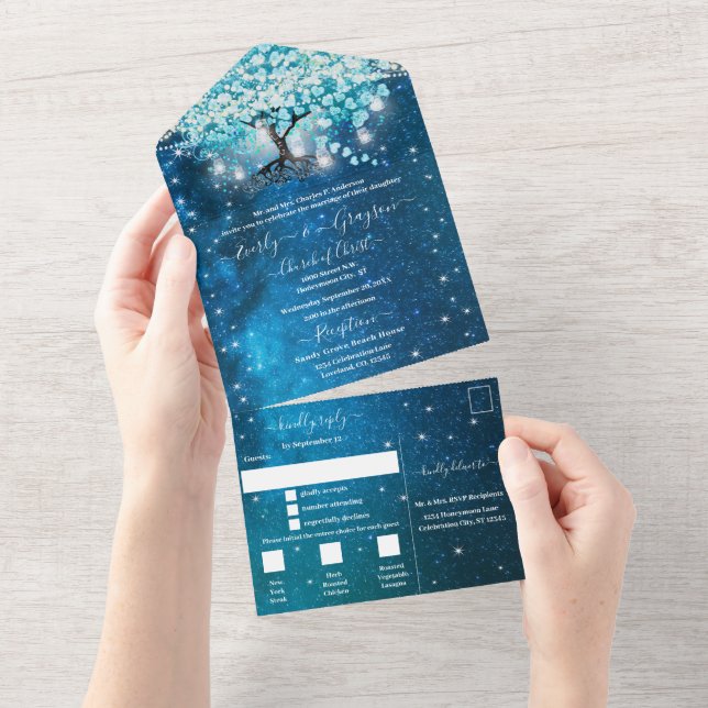 Elegant Blue Aqua Teal Heart Leaf Tree Wedding All In One Invitation (Tearaway)