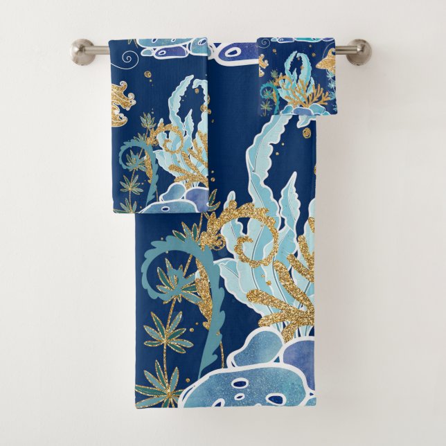 Elegant Blue Aqua Turquoise Gold Glitter Ocean Bath Towel Set (Insitu)