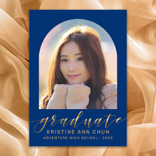 Elegant Blue Arch Gold Script Photo Graduation Announcement