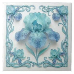 Elegant Blue Art Deco Stylised Lilies Ceramic Tile