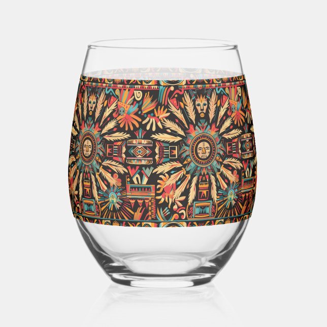 Elegant Blue "Aztec Dream" Stemless Wine Glass (Front)