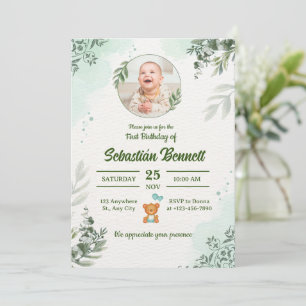 Elegant Blue Baby Boy First Birthday Custom Photo Invitation
