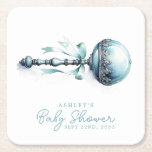 Elegant Blue Baby Rattle Boy Baby Shower Square Paper Coaster<br><div class="desc">Add a touch of charm to your baby shower with these elegant blue baby rattle square paper coasters. Featuring a vintage-inspired blue rattle design, these coasters are perfect for protecting your surfaces while complementing your baby shower décor. Customise them with a name or date to make them a memorable keepsake...</div>