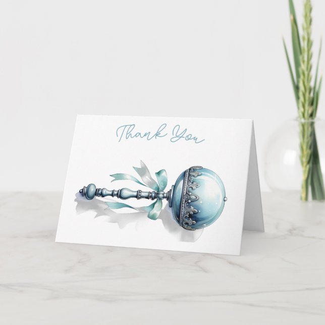 Elegant Blue Baby Rattle Boy Baby Shower Thank You Card (Front)