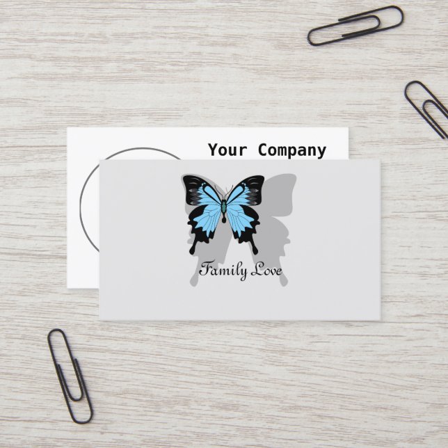 Elegant Blue Backed Butterfly Shadow Monogram Business Card (Front/Back In Situ)