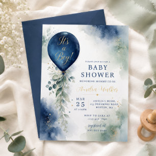Elegant Blue Balloon Botanical Baby Shower Invitation