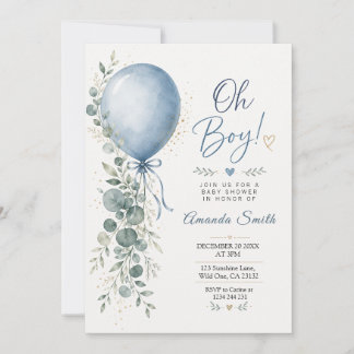 Elegant Blue Balloon | Eucalyptus Boy Baby Shower Invitation