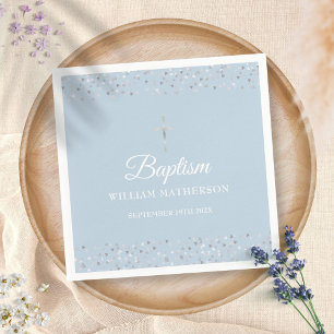 Elegant Blue Baptism Christening Silver Hearts Napkin