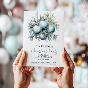 Elegant Blue Bauble Christmas Party Invitation