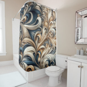 Elegant Blue Beige Baroque Swirl Pattern Shower Curtain