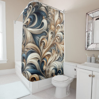 Elegant Blue Beige Baroque Swirl Pattern Shower Curtain