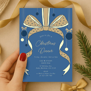 Elegant Blue Beige Bow & Ribbons Christmas Party Invitation
