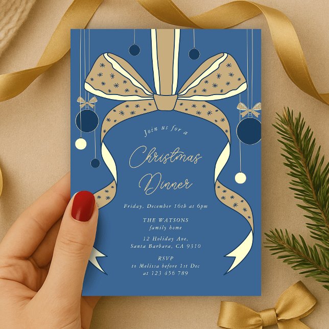 Elegant Blue Beige Bow & Ribbons Christmas Party Invitation (elegant bow and ribbon Christmas party invitation blue and cream)