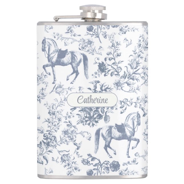 Elegant Blue Beige Equestrian Floral Toile Name Hip Flask (Front)