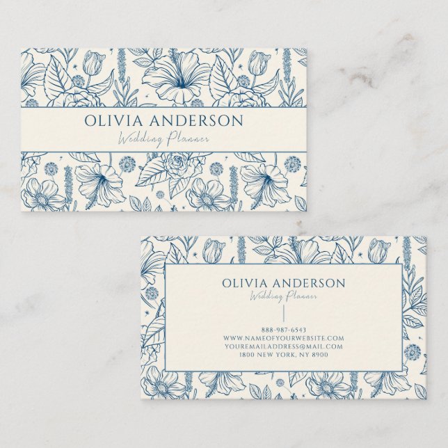 Elegant Blue & Beige Floral Modern Line Art Unique Business Card (Front/Back)