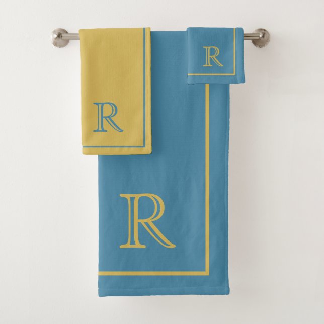 Elegant Blue &Beige Script  Monogram Pattern Bath Towel Set (Insitu)