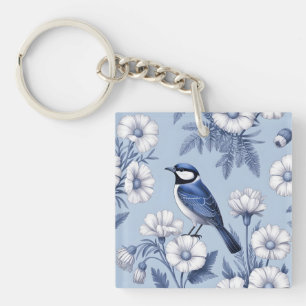 Elegant Blue Bird and White Floral Pattern Key Ring