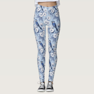 Elegant Blue Bird and White Floral Pattern Leggings