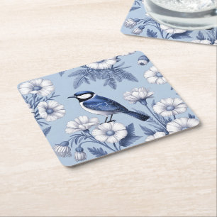 Elegant Blue Bird and White Floral Pattern Square Paper Coaster