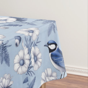 Elegant Blue Bird and White Floral Pattern Tablecloth
