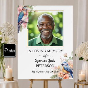 Elegant Blue Birds Floral Photo Funeral Poster