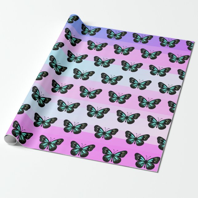 Elegant Blue & Black Butterfly Pattern Wrapping Paper (Unrolled)
