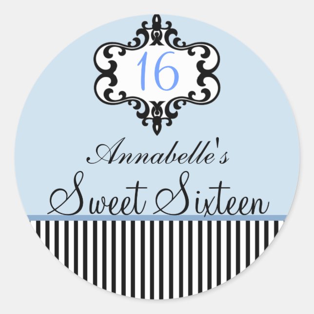 Elegant Blue & Black Chic Sweet 16 Sticker (Front)