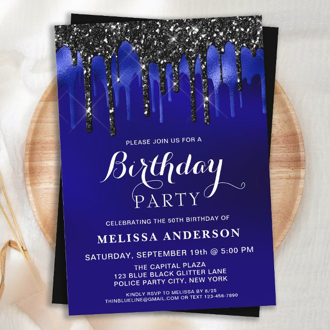Elegant Blue Black Glitter Drips Birthday Party Invitation (Creator Uploaded)