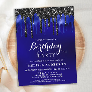 Elegant Blue Black Glitter Drips Birthday Party Invitation Postcard