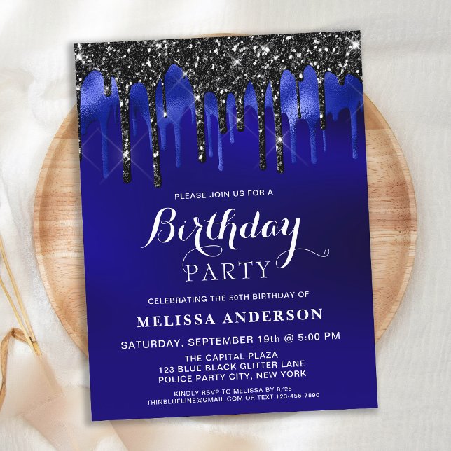 Elegant Blue Black Glitter Drips Birthday Party Invitation Postcard (Creator Uploaded)