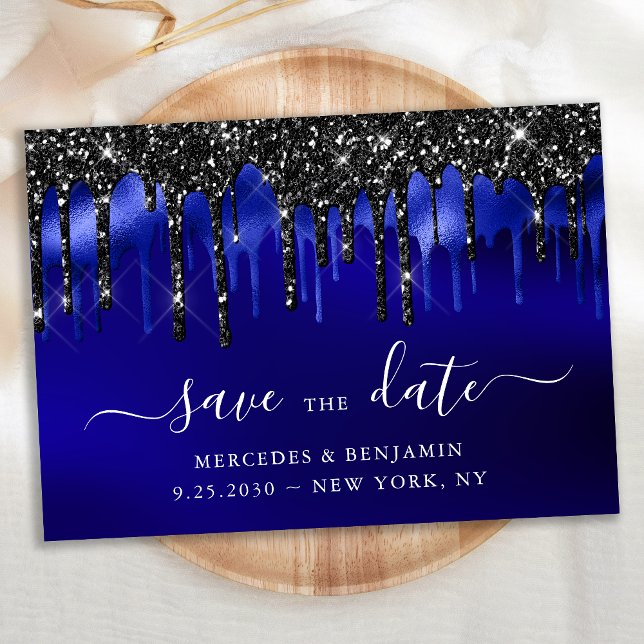 Elegant Blue Black Glitter Drips Police Wedding Save The Date (Creator Uploaded)